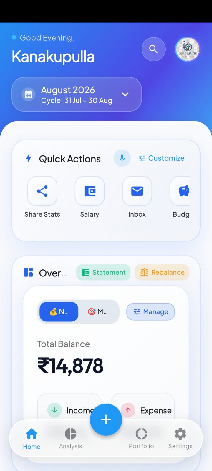Kanakupulla home dashboard showing total balance, income, and expenses